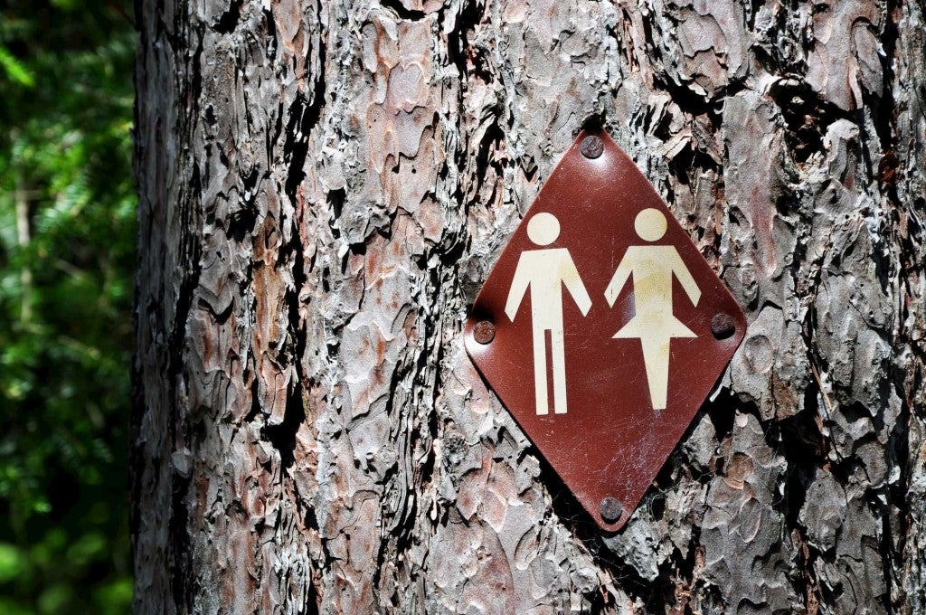 Bathroom sign on a large tree in the forest.