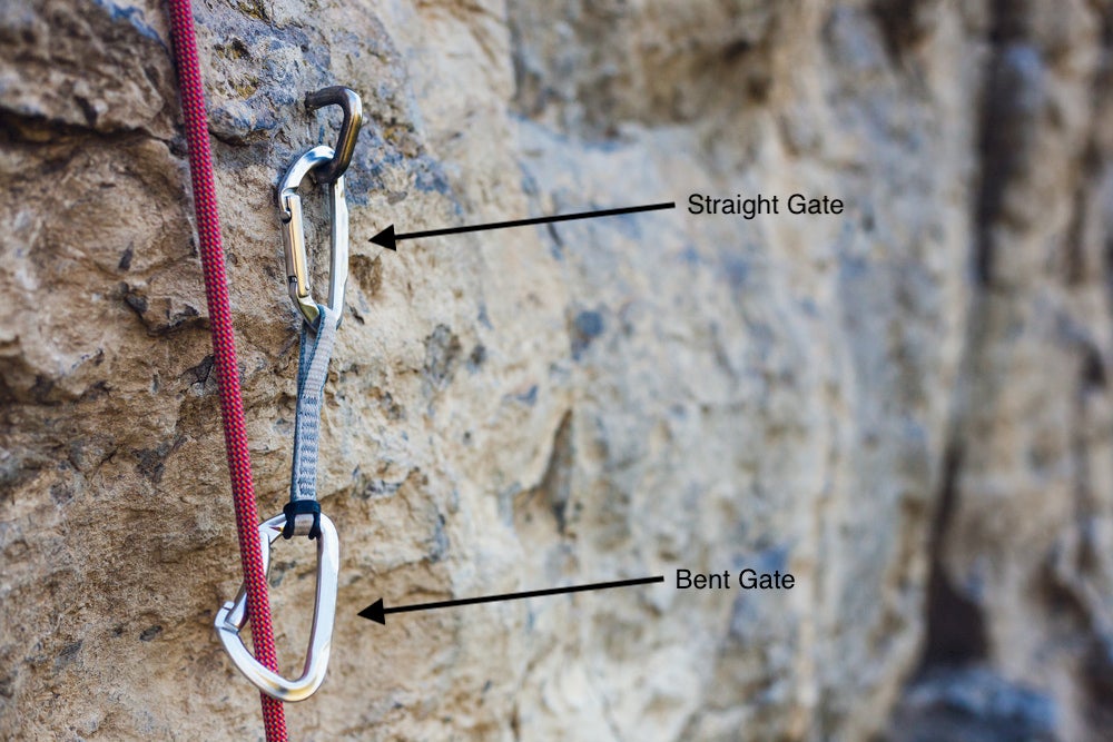 Diagram of a quickdraw showing straight and bent gate carabiners.