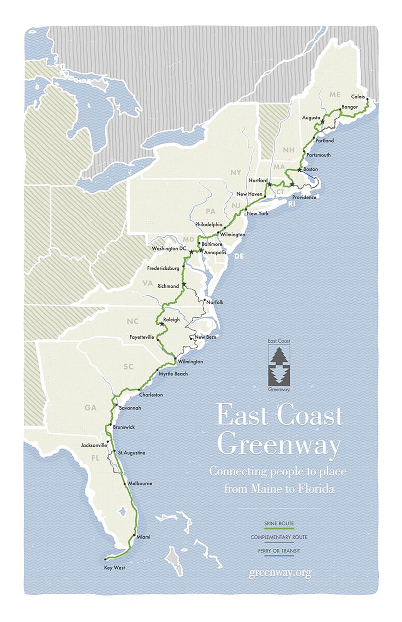 a map of the east coast greenway bike route up the atlantic seaboard 