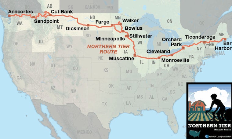 the northern tier bike route on a map of the united states