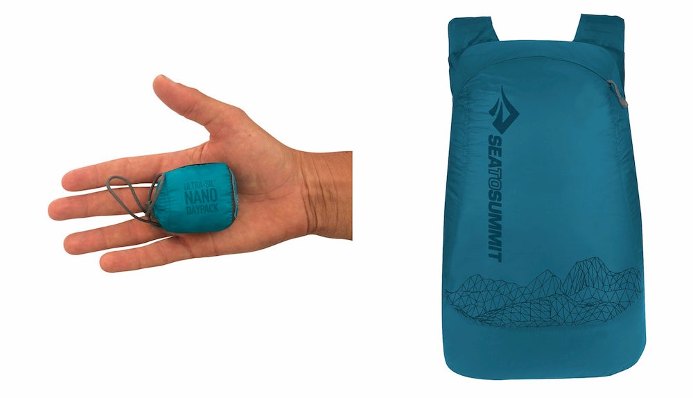 a split image of a hand holding a folded day pack and an unfolded backpack