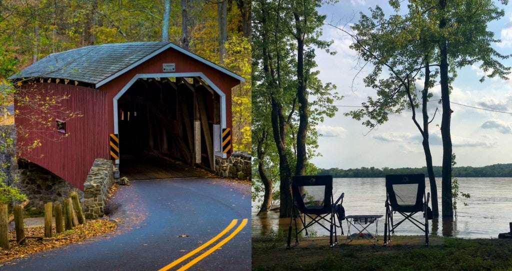 a split image of a covered bridge in pa and a campground near lancaster