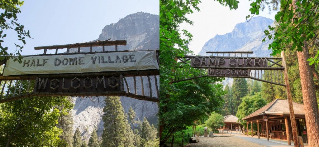 a split image of the camp curry sign in yosemite national park covered up and uncovered