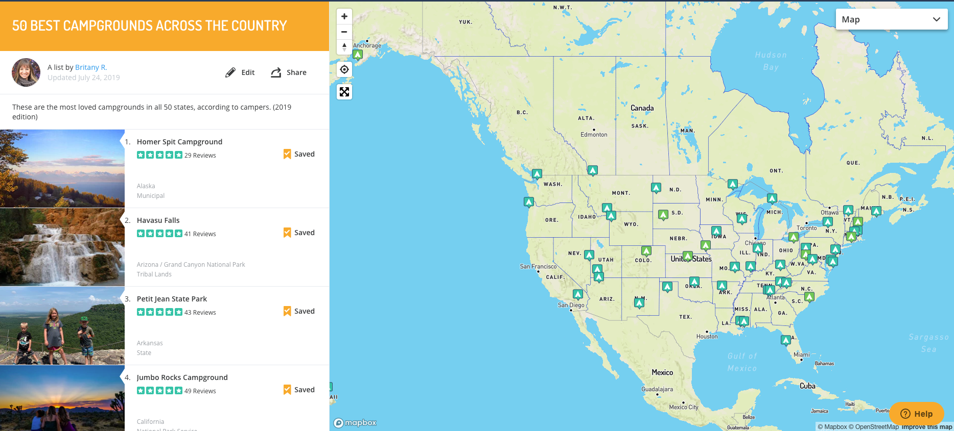 screenshot of The Dyrt's mapped list, displaying the top campground in each state