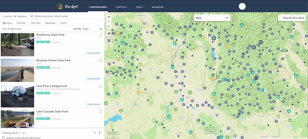 The Dyrt's camping map.