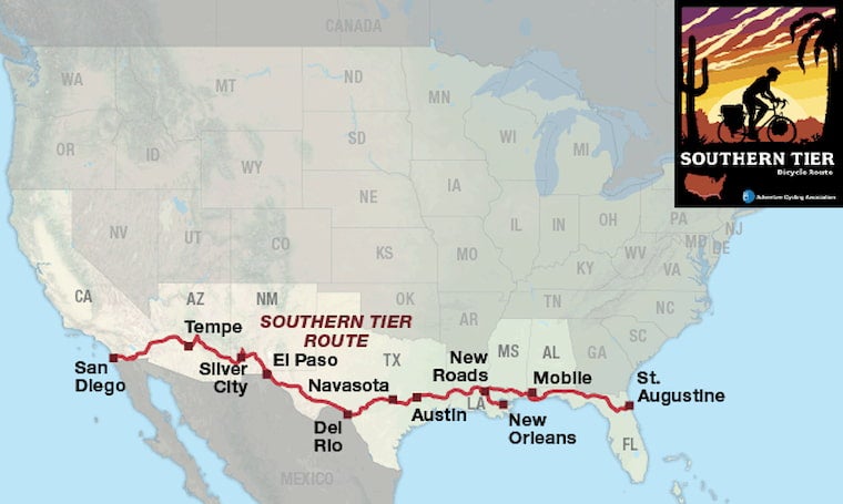 the southern tier bike route on a map of the united states
