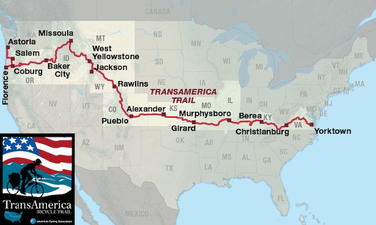 the transamerica bike route on a map of the united states