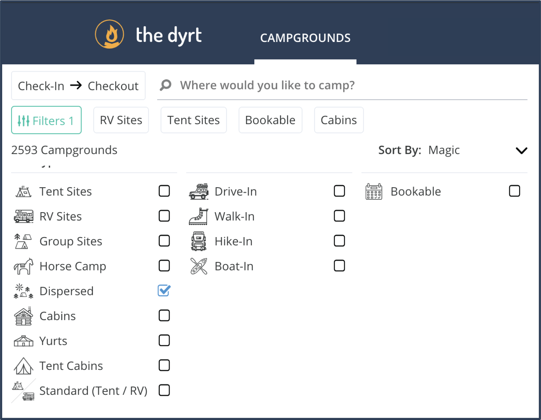 Dispersed camping on The Dyrt 's checklist for "Site Types".