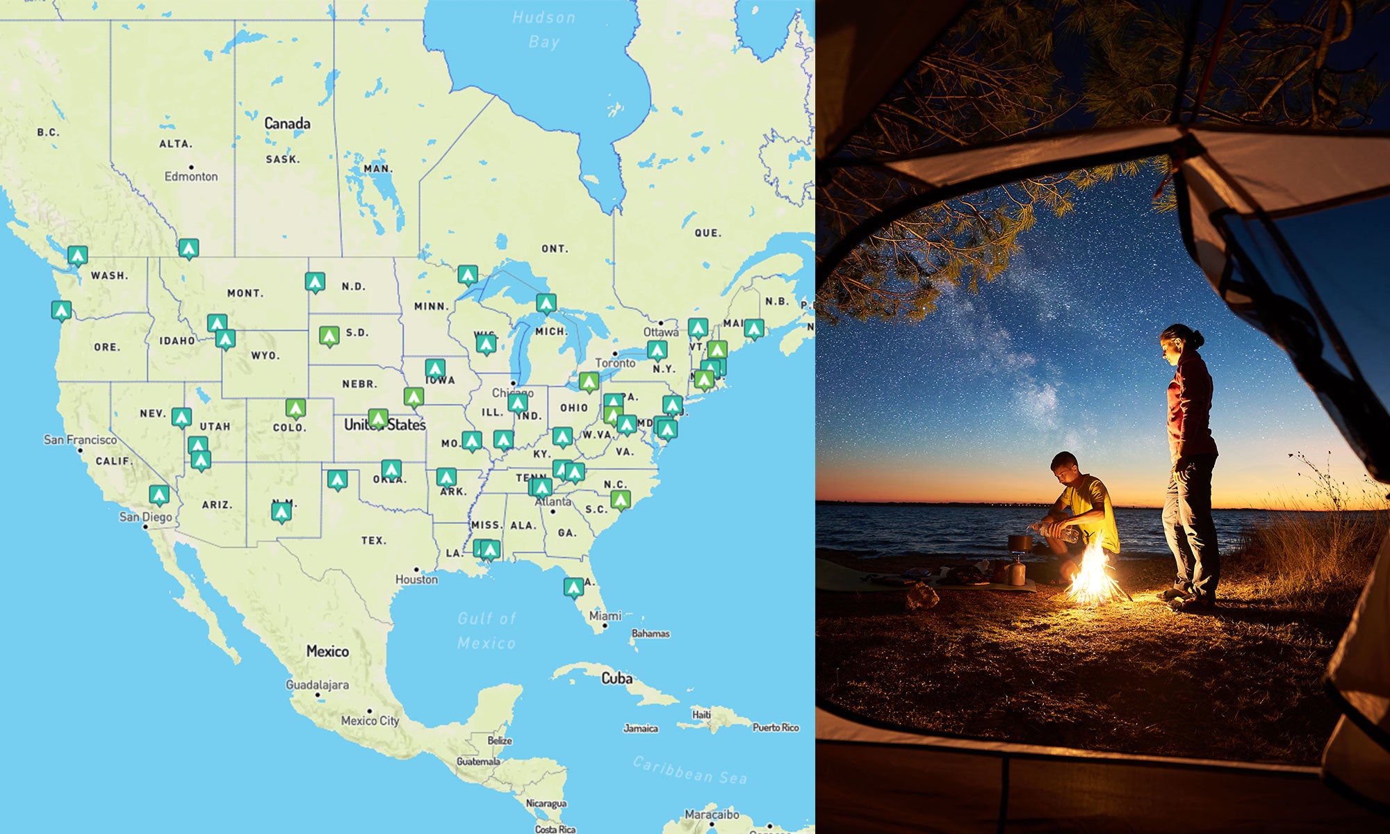 (left) top campground per state, mapped (right) looking through tent door from the inside showing two beach campers stand near campfire at sunset