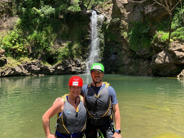 two adventurers wear lifevests and helmets in waters near Hawaii's Hosmer Grove, photo from a camper on The Dyrt