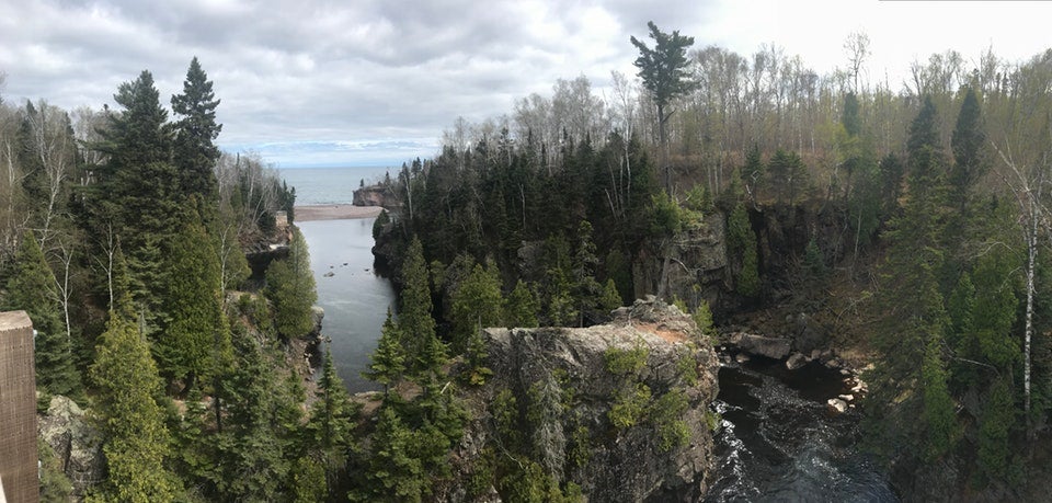 Aerial view of tree-lined cliffs over the Baptism River at Tettegouche State Park, photo from a camper on The Dyrt