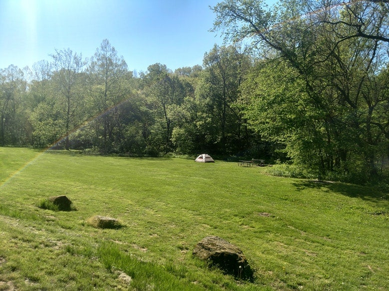 single tent set up in large green field at Indian Cave State Park, photo from a camper on The Dyrt