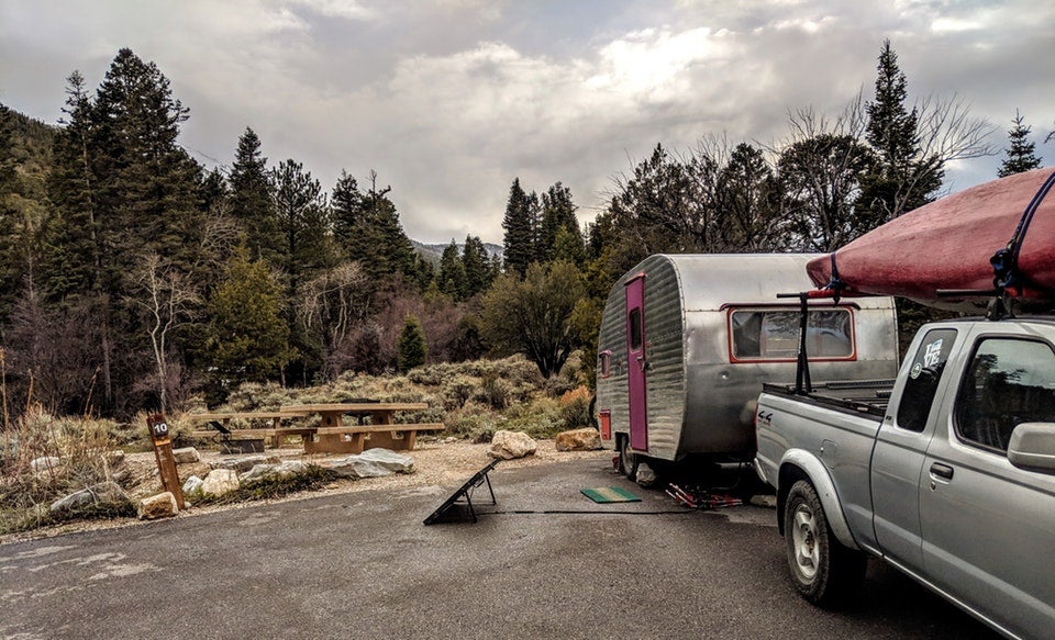 silver canned ham trailer backed in to campsite in Nevada's Upper Lehman area, photo from a camper on The Dyrt