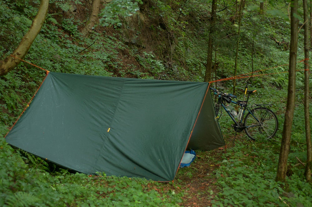 A-frame style tarp setup while bike packing.