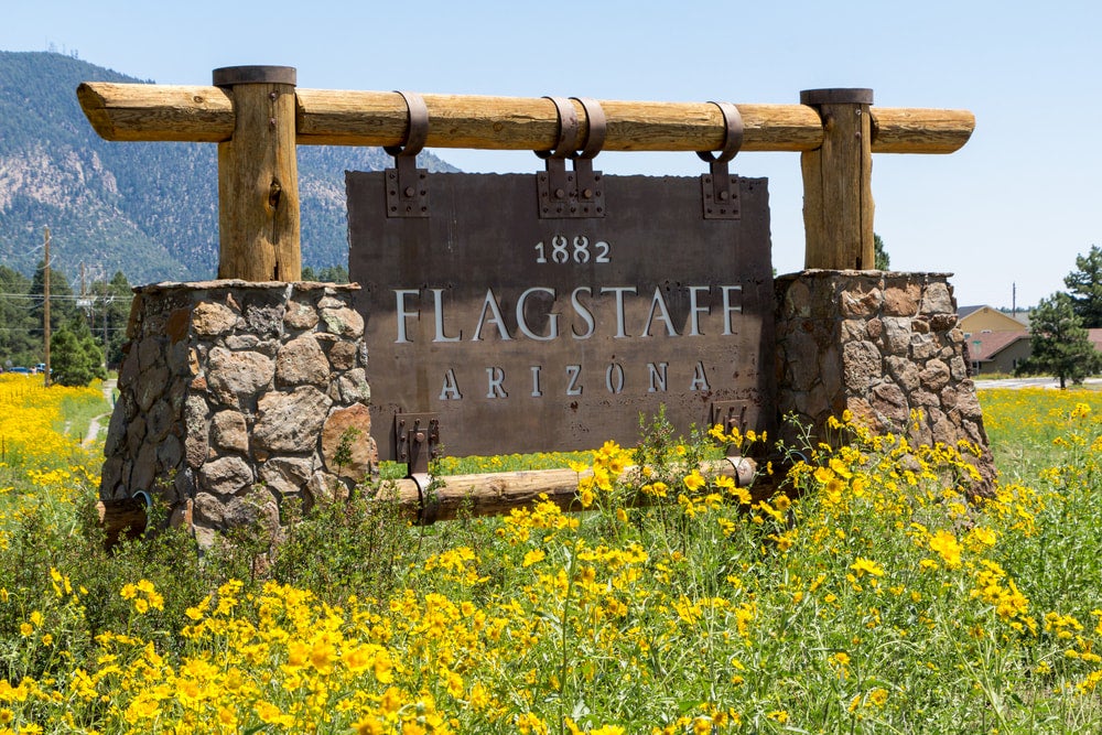 Flagstaff sign with wildflowers surrounding it. 