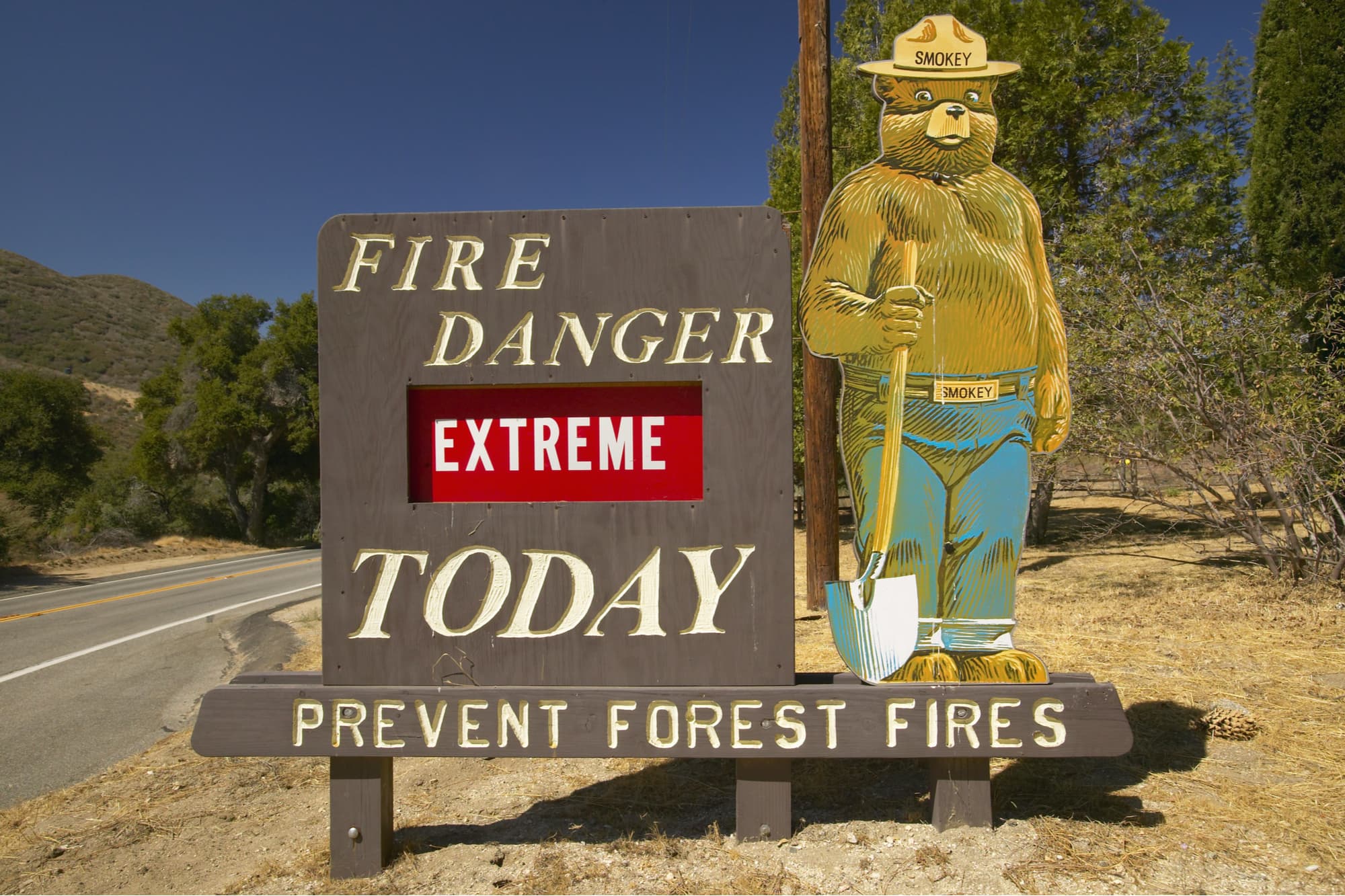 a sign with smoky the bear showing the fire danger in the forest