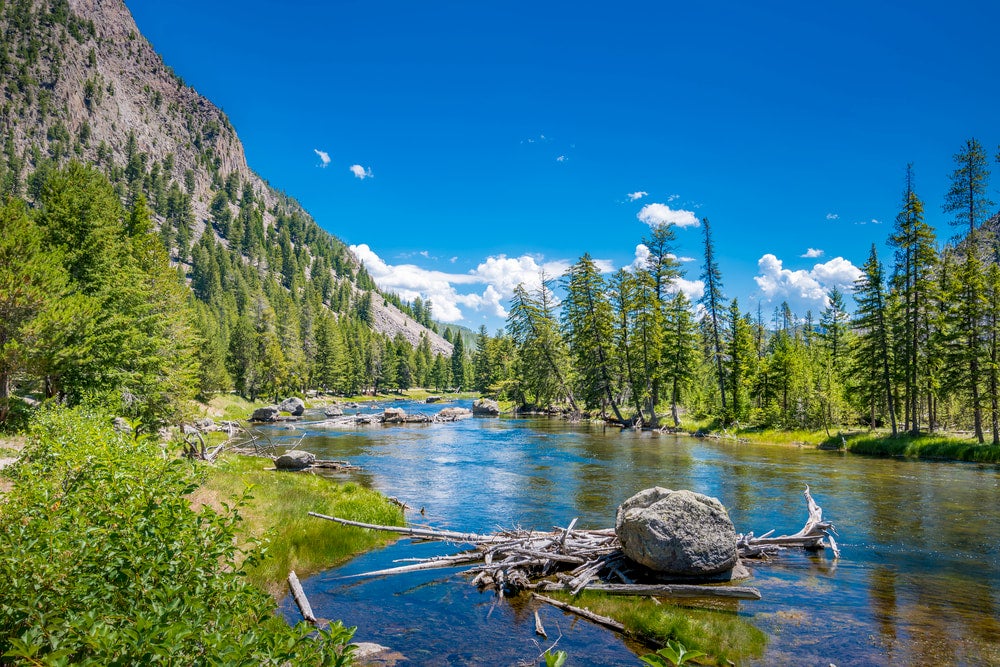 Blue river with mountains in background 