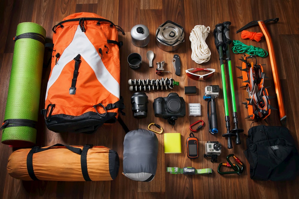 Layout of hiking gear and pack.