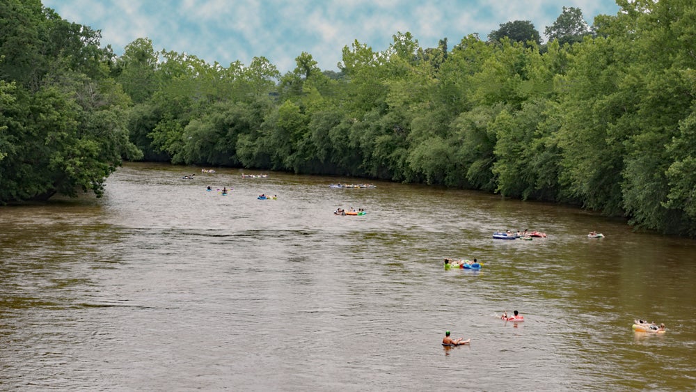 people floating on inner tubes on the french broad river in asheville