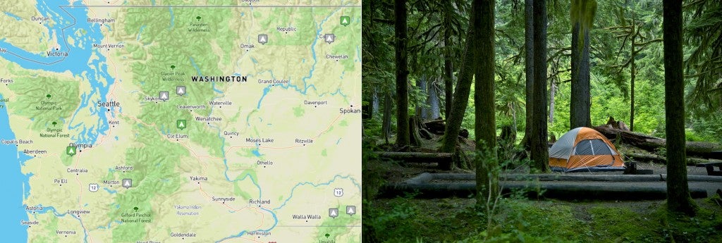 Left: Map showing location of ten free campsites. Right: Tent pitched in Washington forest.