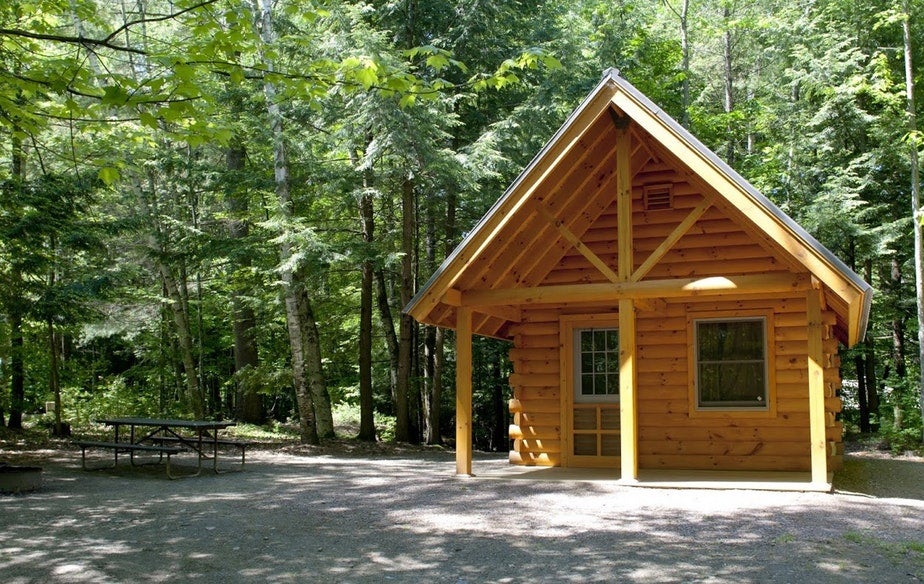 a-frame log cabin at Vermont's little river state park, photo from a camper on The Dyrt