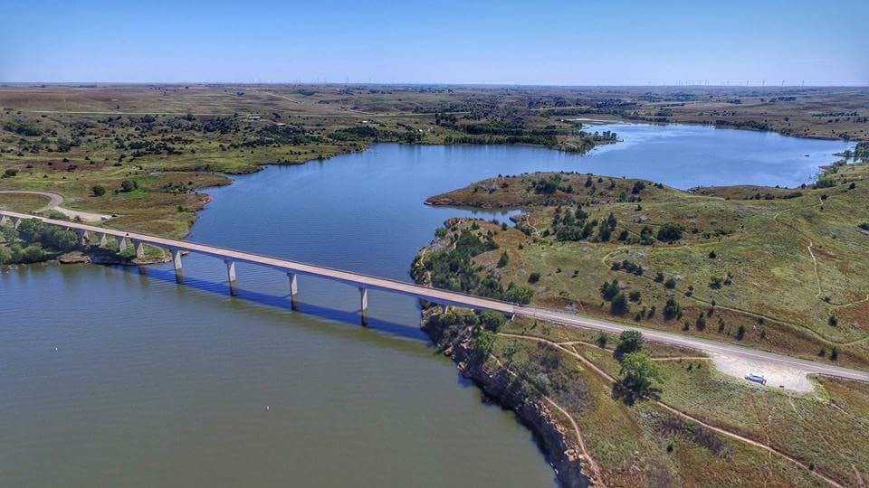 aerial view of bridge over large body of water near Wilson State Park in Kansas, photo from a camper on The Dyrt