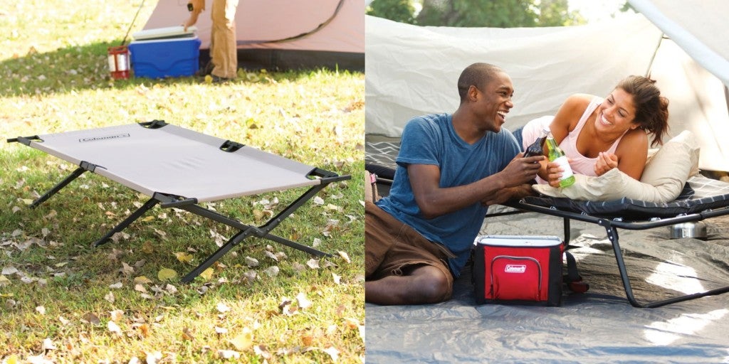 a camping cot on the floor of a campsite and two people in a tent resting on a camping cot