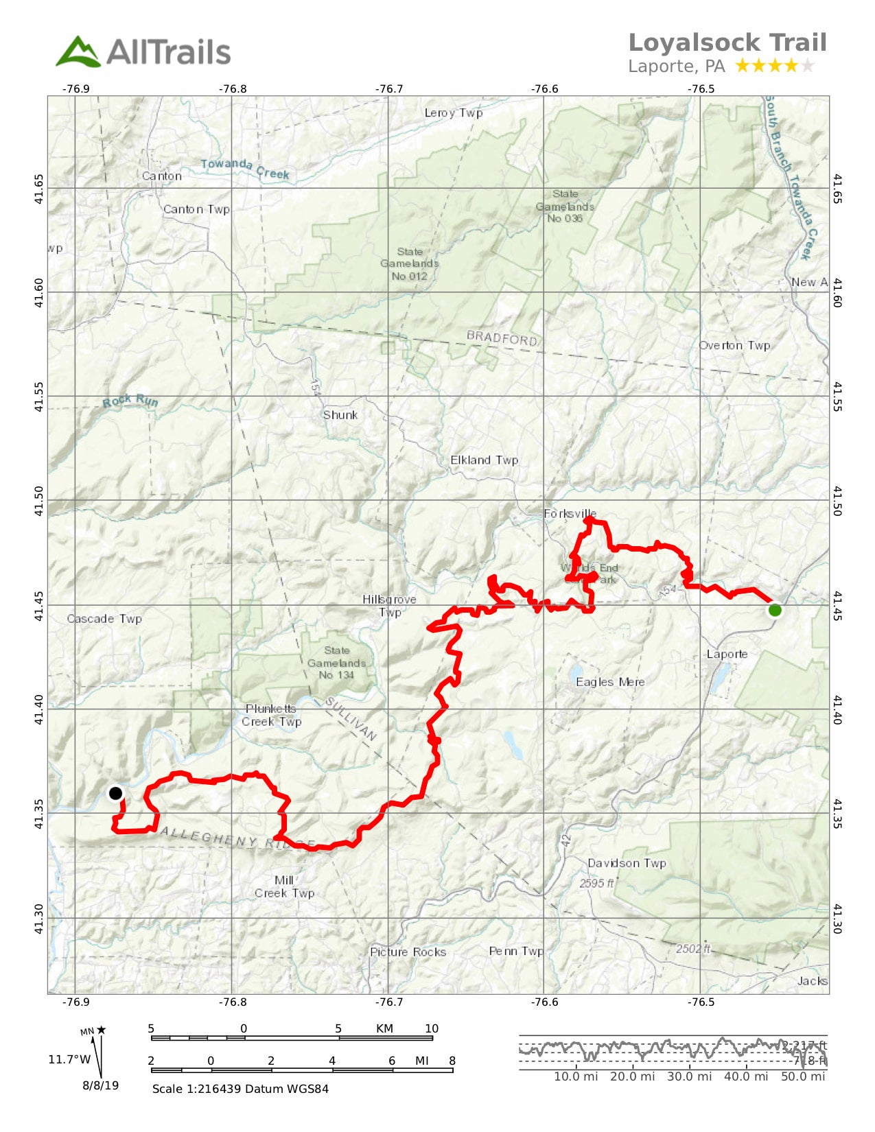 Map of the Loyalsock Trail from All Trails.