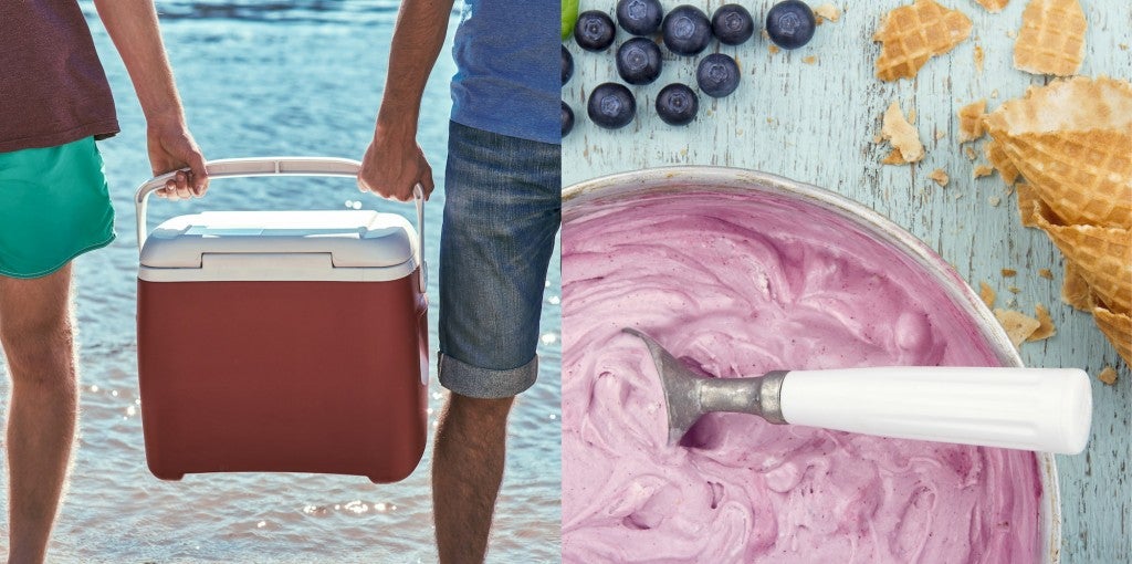 Left: Two people holding a cooler. Right: Homemade blueberry ice cream in a bowl with blueberries and waffle cones.