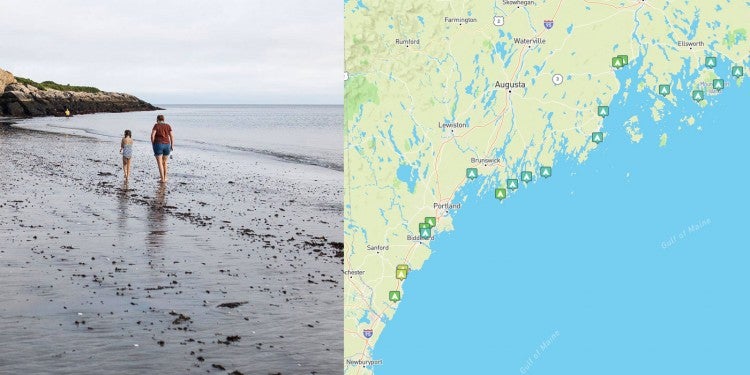 a map of campgrounds on the maine coast with people walking on the shore