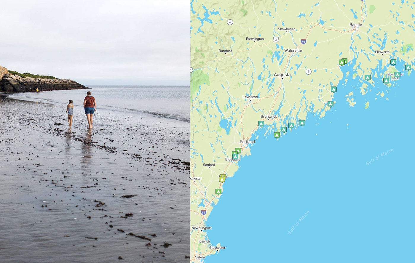 a map of campgrounds on the maine coast with people walking on the shore