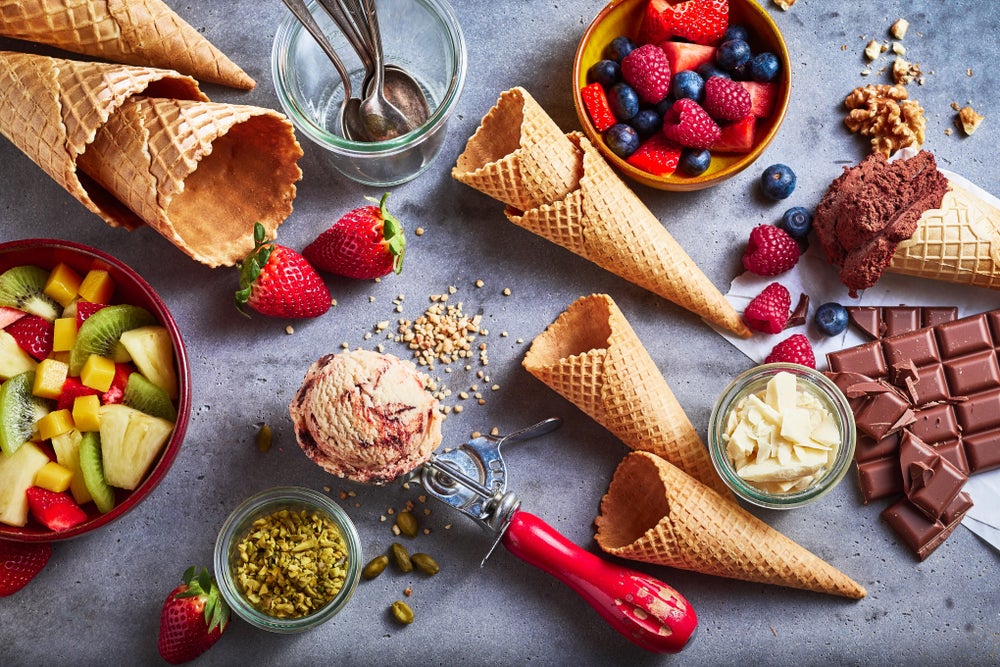 Flat lay of ice cream ingredients.