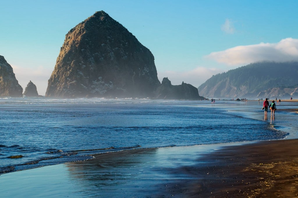 haystack rock in the water on the beach of cannon beach, oregon coast