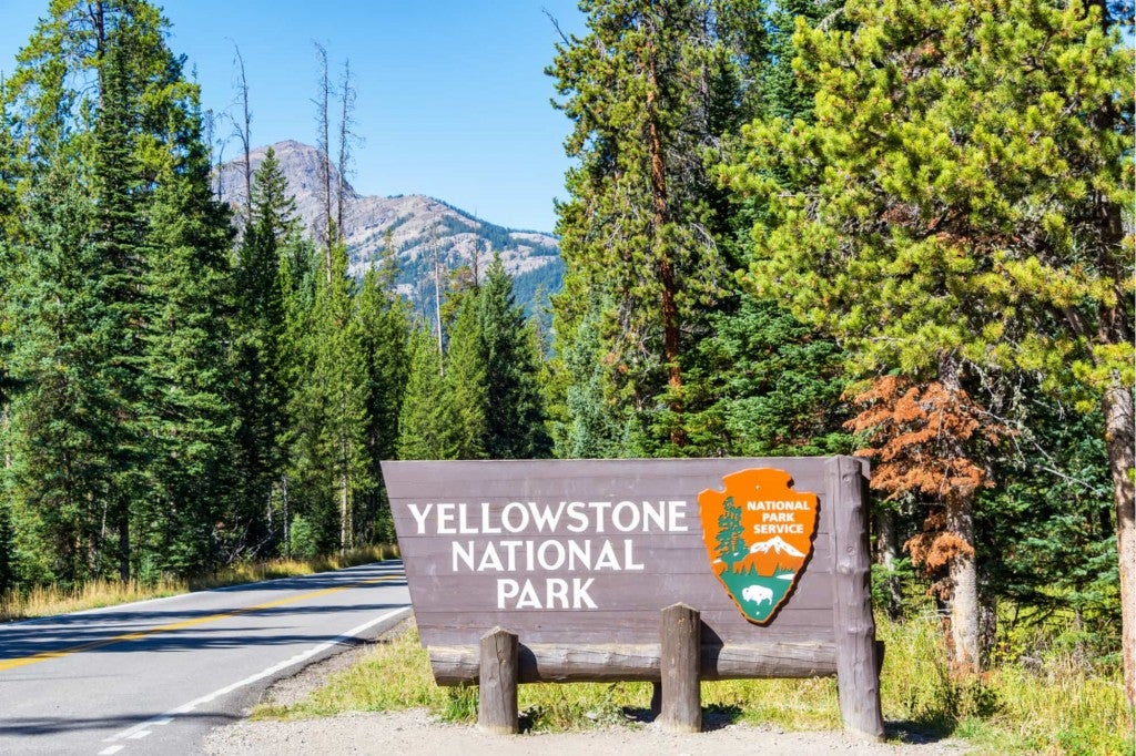 entrance road and sign for yellowstone national park