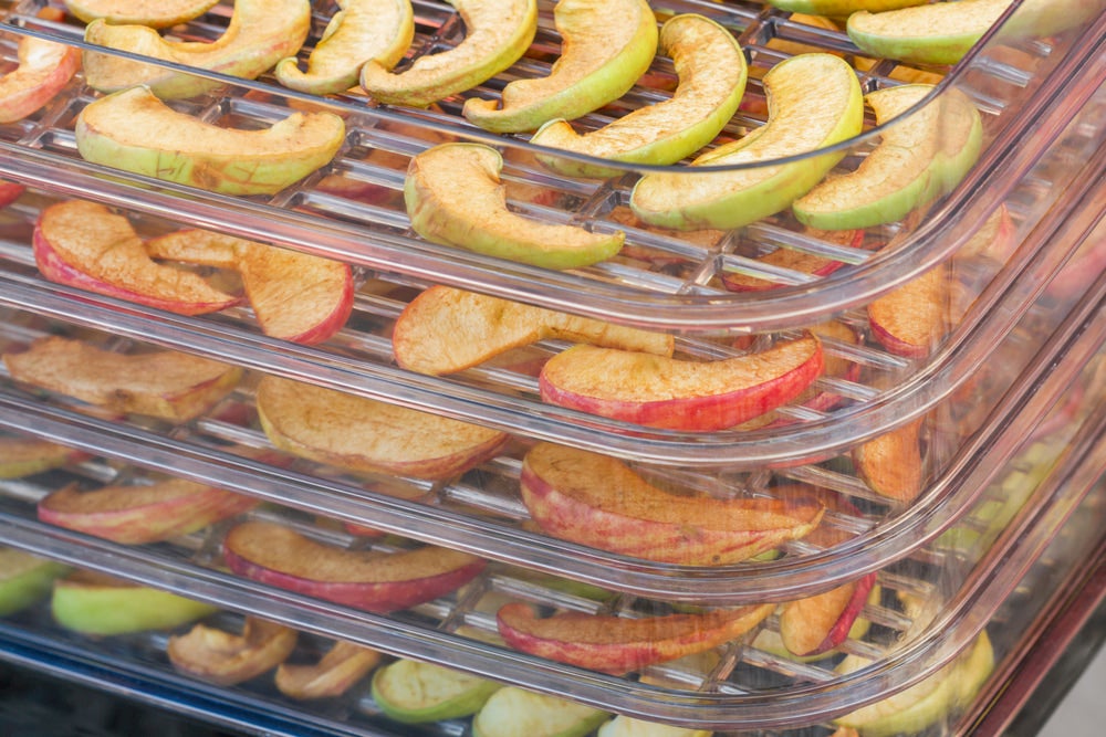 Dehydrated fruit stacked in glass pans.