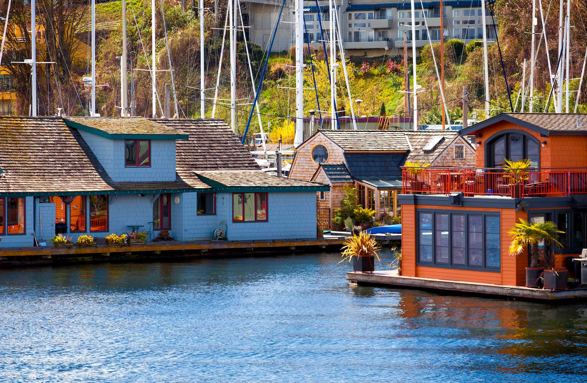 Series of colorful boats on lake