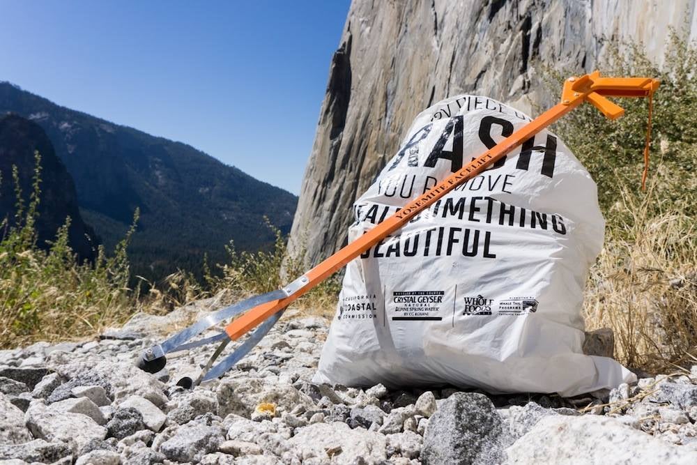 a bag of trash on a rock face in yosemite national park