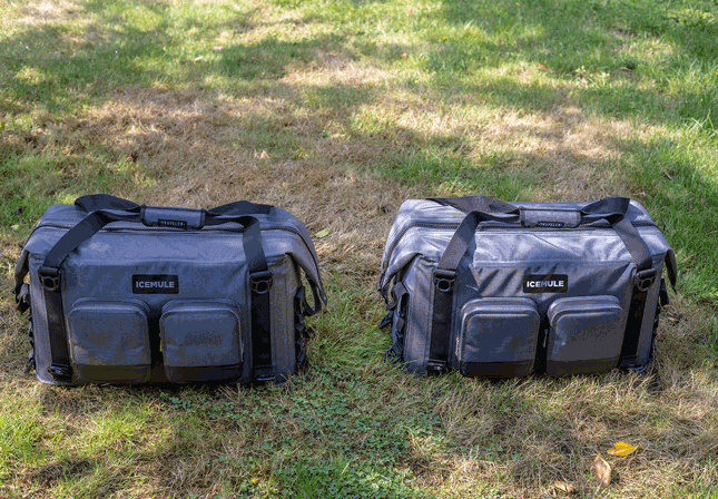 Two Icemule coolers versus one on a lawn.