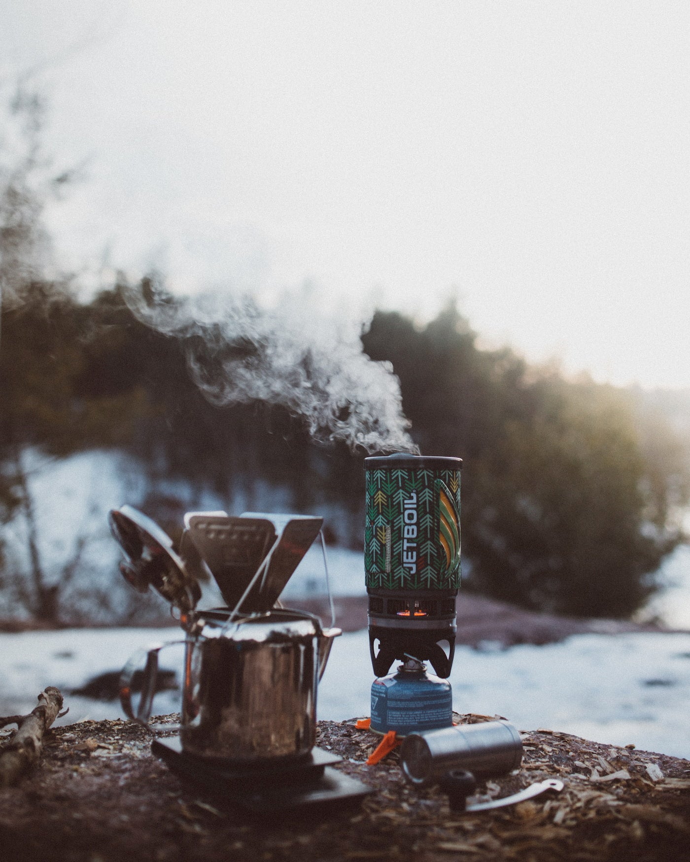 Pour over coffee beside jet boil stove.