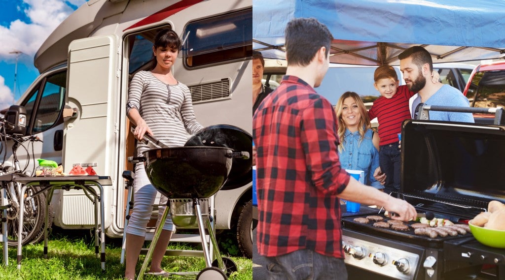 Left: Woman using charcoal grill outside of her RV. Right: guy grilling hamburgers at a tailgate party.