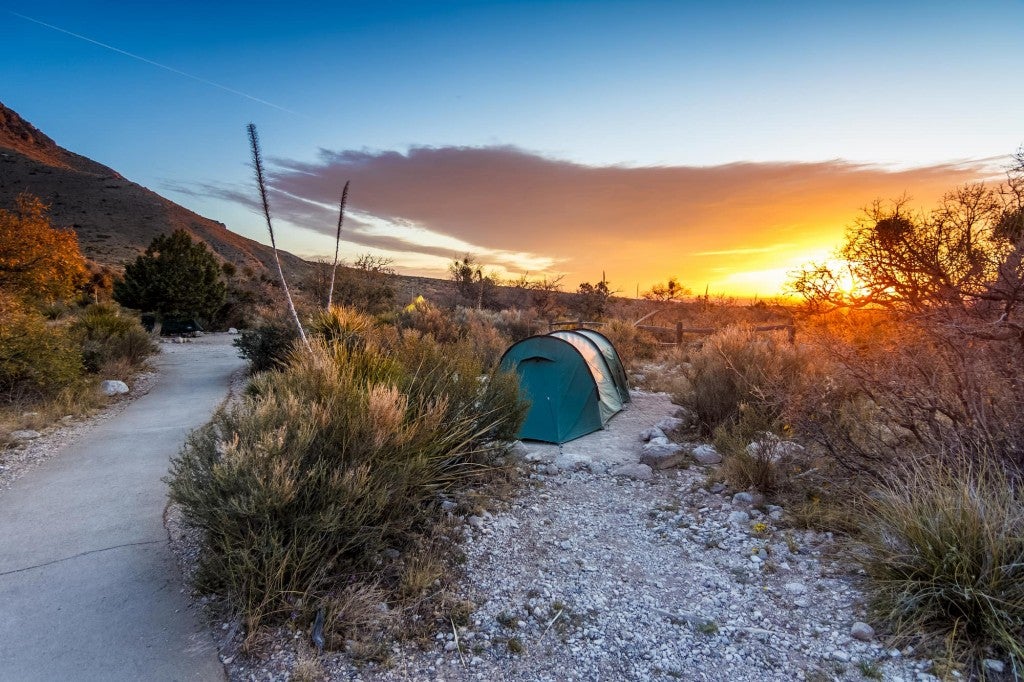 Tent in the Texas desert during sunrise,