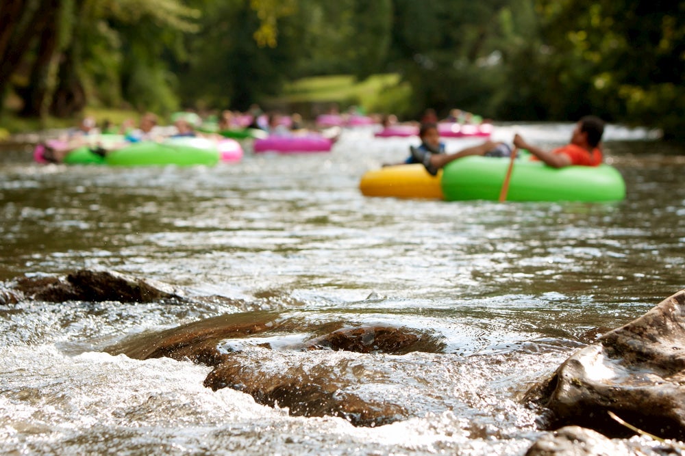 Crowd of floaters on pink and green tubes in the river.