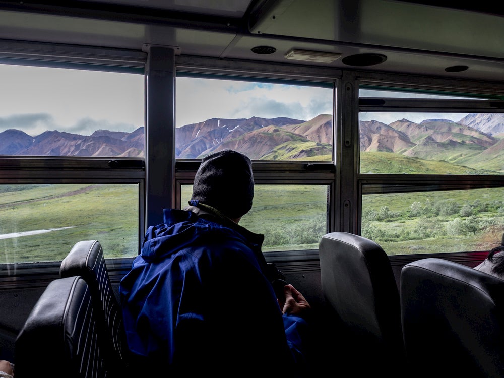 Visitor riding the Denali bus into the park.