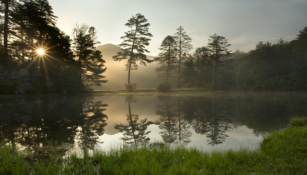 Foggy lake in the forest of Cashiers, North Carolina.