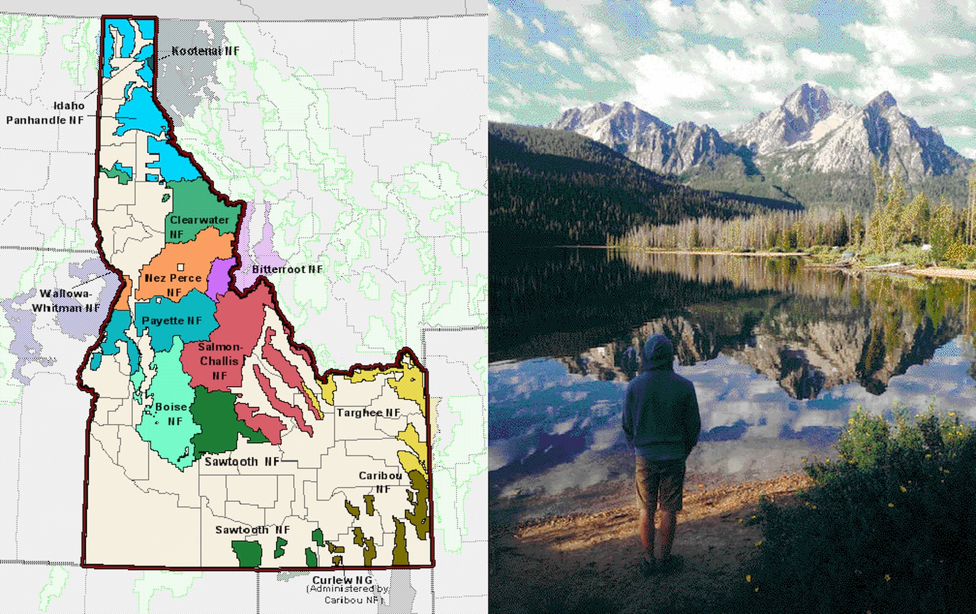 Left Image: Map of National Forest land in Idaho. Right: Person standing beside a lake in the one of Idaho's National Forests.