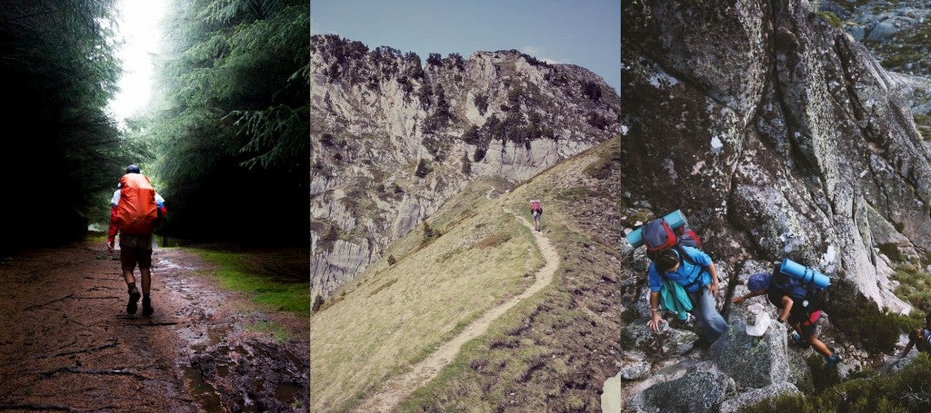 Split image showing three separate images of backpackers on trails of varied difficulty.