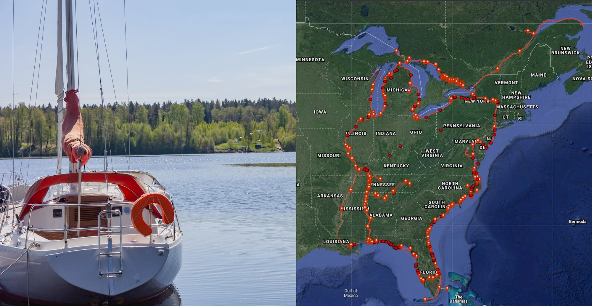 Left: Large sailboat anchored beyond land. Right: Pinpoints on map of the great loop spanning over the eastern side of North America.