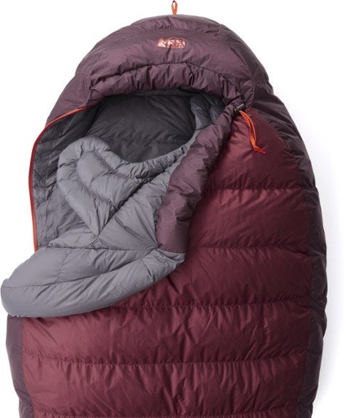 maroon mummy-style sleeping bag 