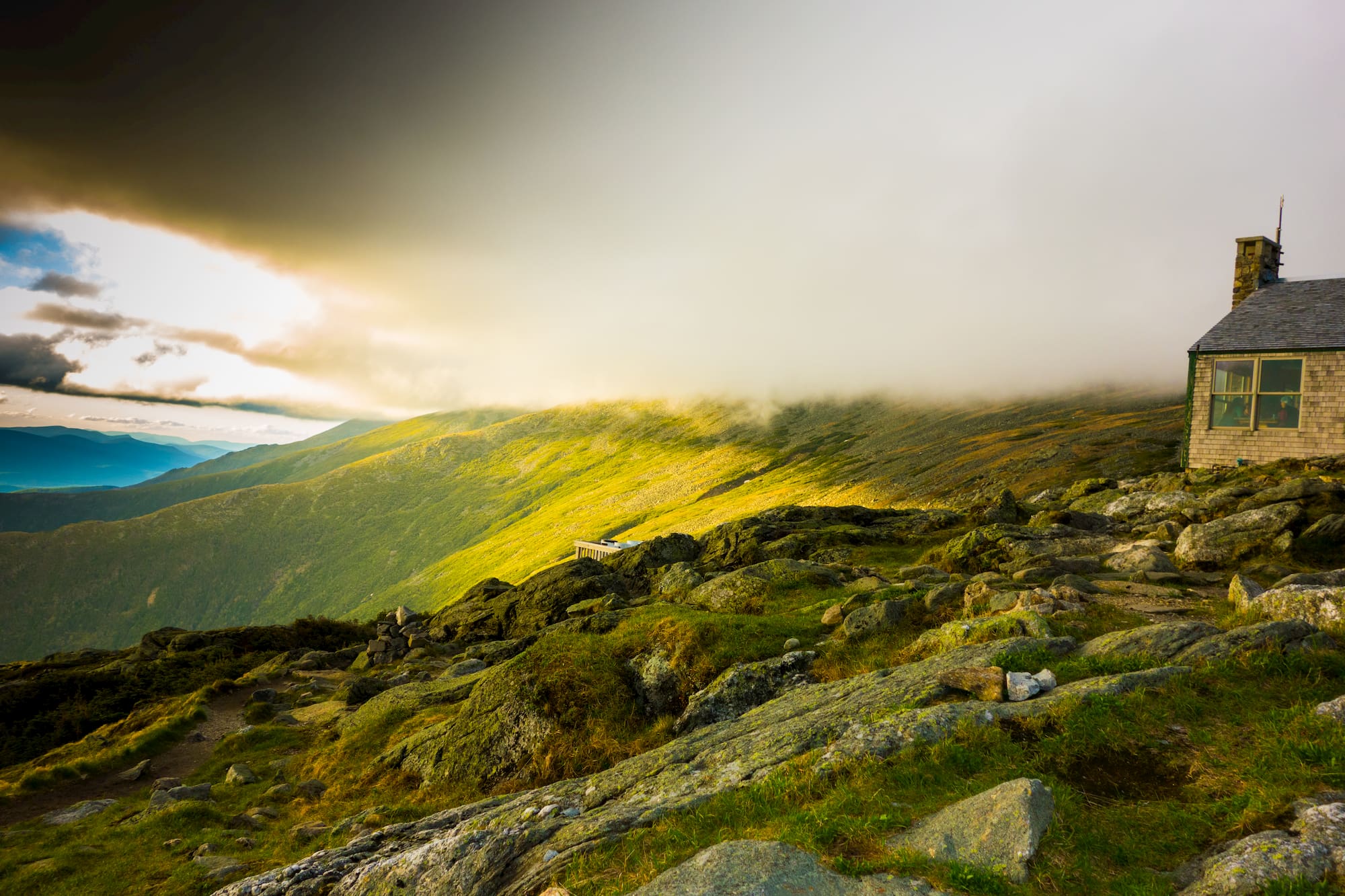 AMC hut on Mt. Washington sits in a cloud.