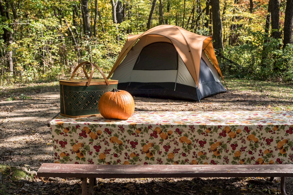 Campsite with tent and pumpkin.